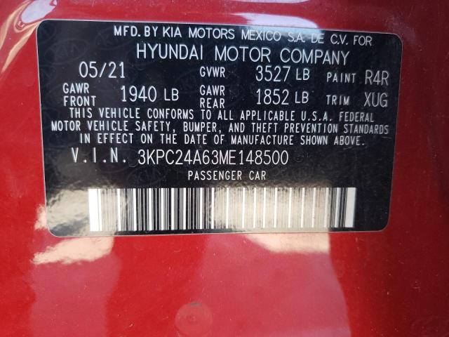 3KPC24A63ME148500 - 2021 HYUNDAI ACCENT SE RED photo 12