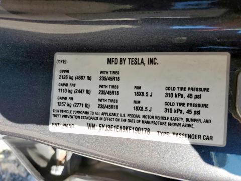 5YJ3E1EA9KF190178 - 2019 TESLA MODEL 3 Boz foto 12