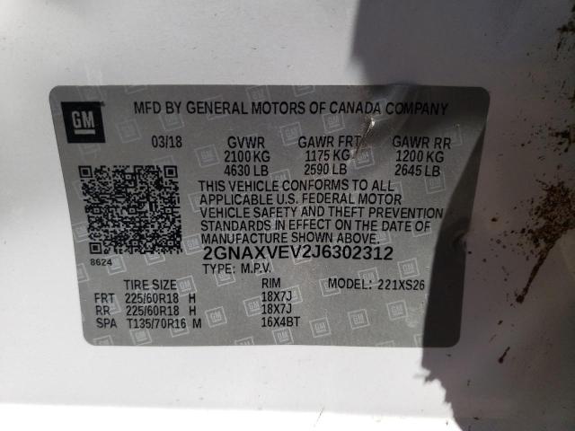 2GNAXVEV2J6302312 - 2018 CHEVROLET EQUINOX PREMIER WHITE photo 12