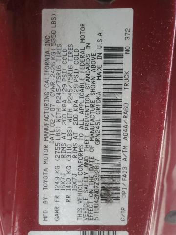 5TEUU42N07Z392817 - 2007 TOYOTA TACOMA ACCESS CAB წითელი ფოტო 12