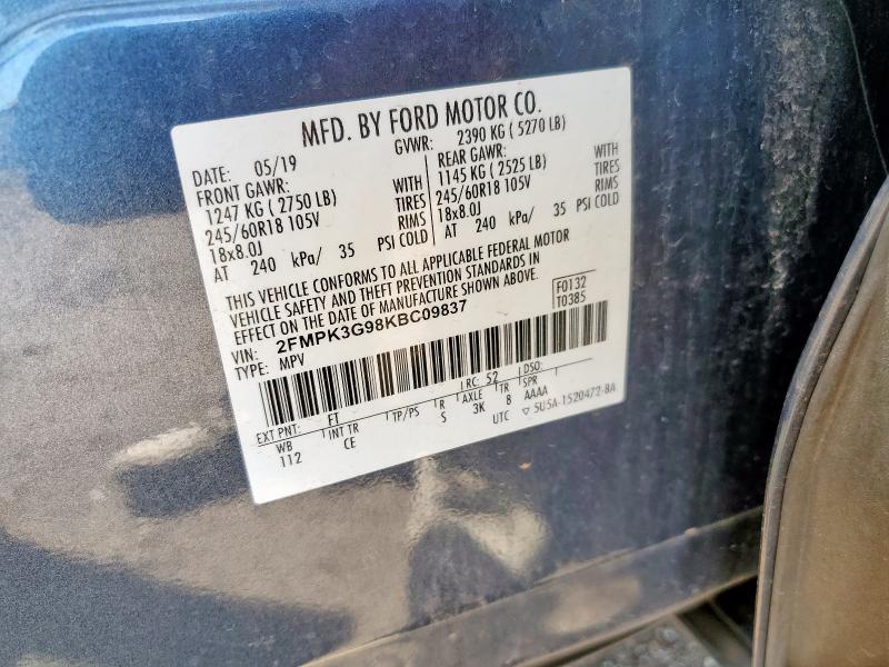 2FMPK3G98KBC09837 - 2019 FORD EDGE SE BLUE photo 13