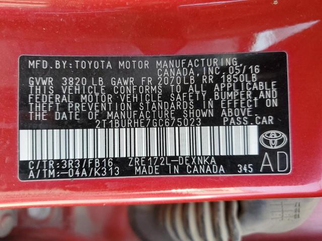 2T1BURHE7GC675023 - 2016 TOYOTA COROLLA L RED photo 12