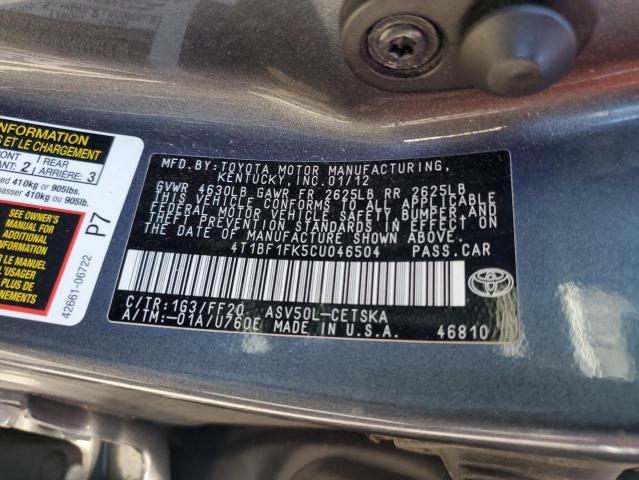 4T1BF1FK5CU046504 - 2012 TOYOTA CAMRY BASE 石墨色 照片 12