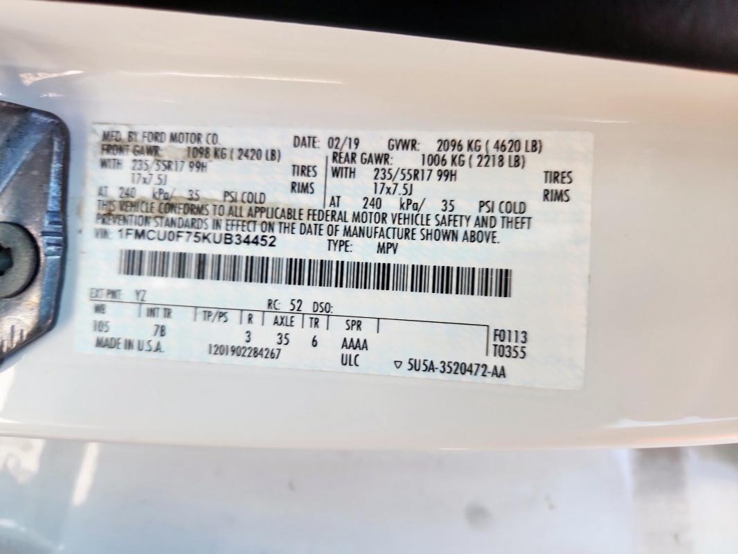 1FMCU0F75KUB34452 - 2019 FORD ESCAPE S Белый фото 12