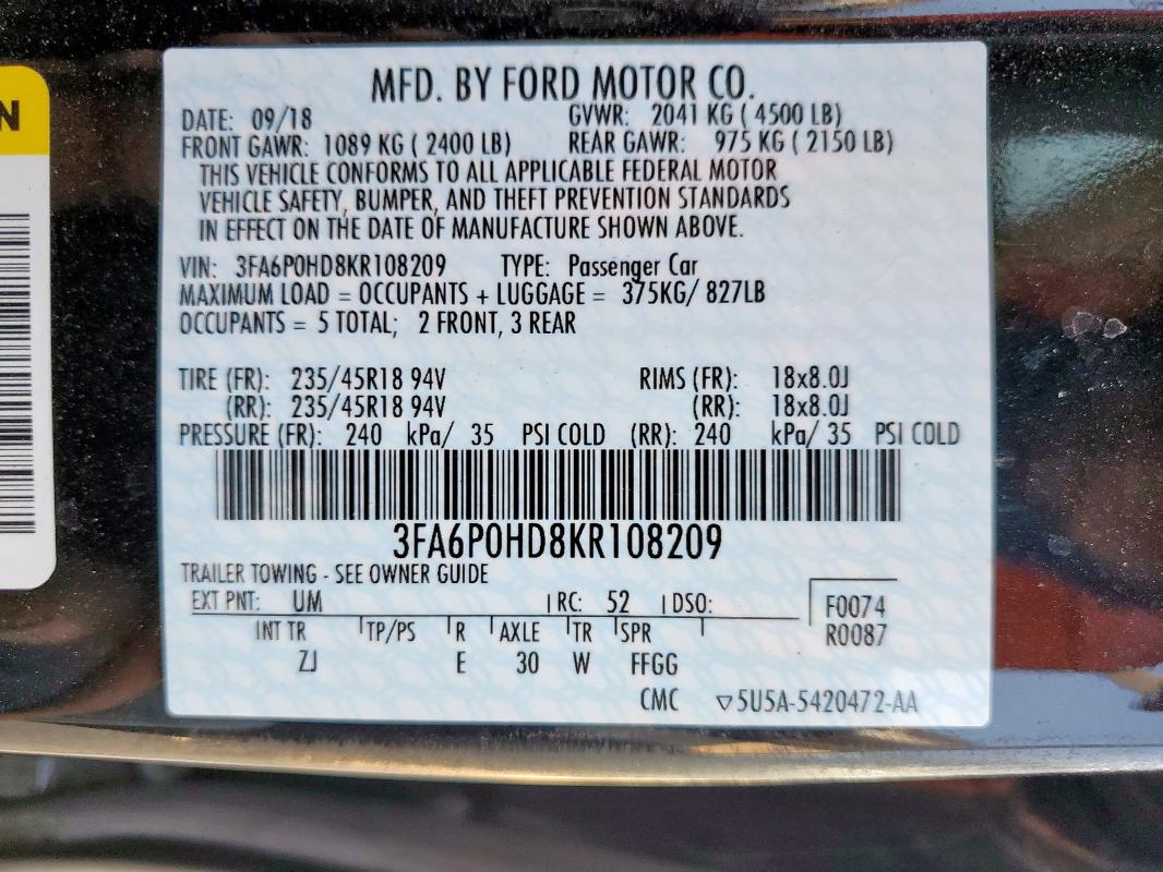3FA6P0HD8KR108209 - 2019 FORD FUSION SE 石墨色 照片 12