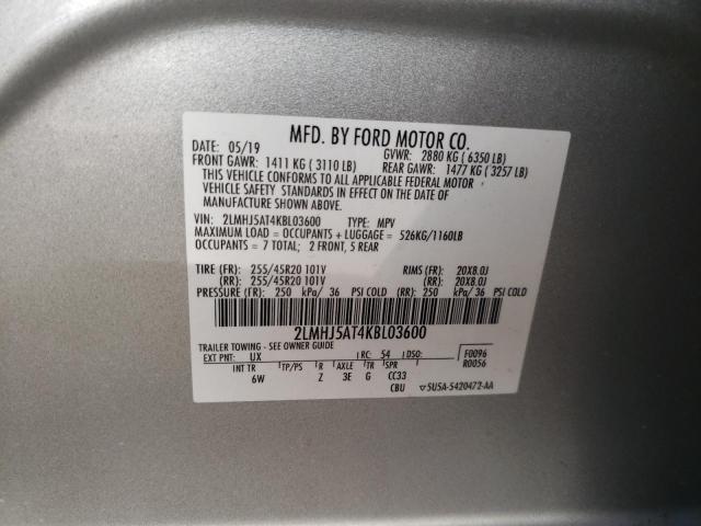2LMHJ5AT4KBL03600 - 2019 LINCOLN MKT SILVER photo 13