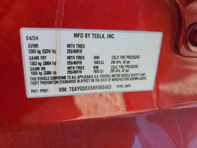 7SAYGDEE6RF065463 - 2024 TESLA MODEL Y RED photo 14