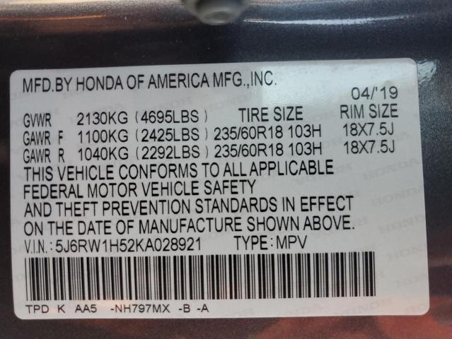 5J6RW1H52KA028921 - 2019 HONDA CR-V EX ნაცრისფერი ფოტო 14