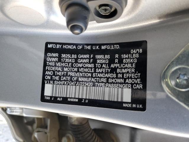 SHHFK7G47JU223420 - 2018 HONDA CIVIC SPORT 银色 照片 12