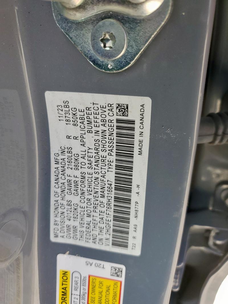 2HGFE1F76RH316647 - 2024 HONDA CIVIC EX GRAY photo 12