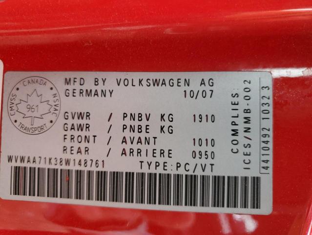 WVWAA71K38W148761 - 2008 VOLKSWAGEN RABBIT RED photo 12