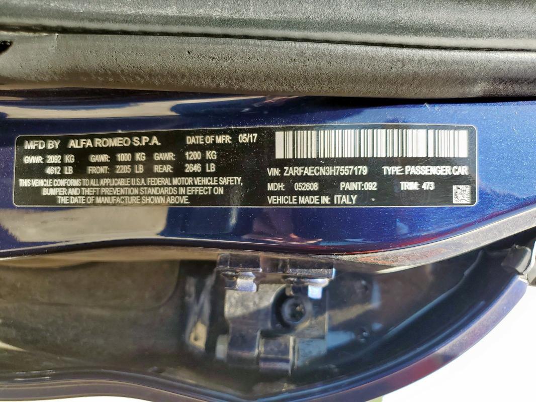 ZARFAECN3H7557179 - 2017 ALFA ROMEO GIULIA TI BLUE photo 13