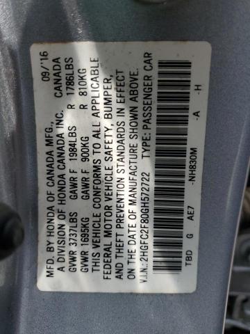2HGFC2F80GH572722 - 2016 HONDA CIVIC EX SILVER photo 12