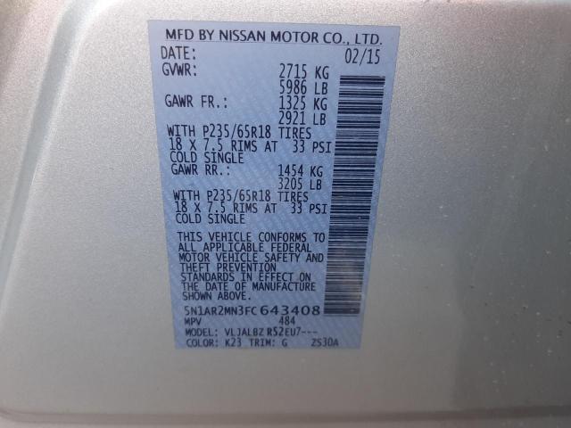 5N1AR2MN3FC643408 - 2015 NISSAN PATHFINDER S 银色 照片 10