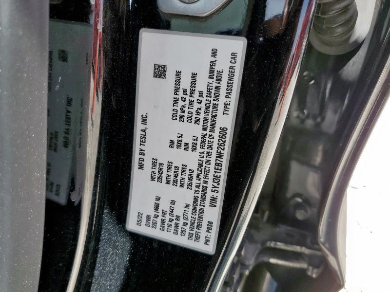 5YJ3E1EB7NF262606 - 2022 TESLA MODEL 3 BLACK photo 12