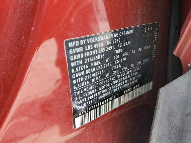 WVGBV7AX5FW081612 - 2015 VOLKSWAGEN TIGUAN S MAROON photo 10