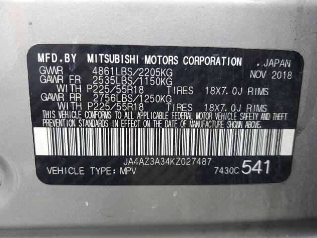 JA4AZ3A34KZ027487 - 2019 MITSUBISHI OUTLANDER SE SILVER photo 13