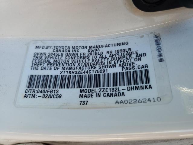 2T1KR32E44C175291 - 2004 TOYOTA COROLLA MA XR WHITE photo 12