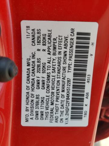 2HGFC2F84KH512287 - 2019 HONDA CIVIC SPORT RED photo 12