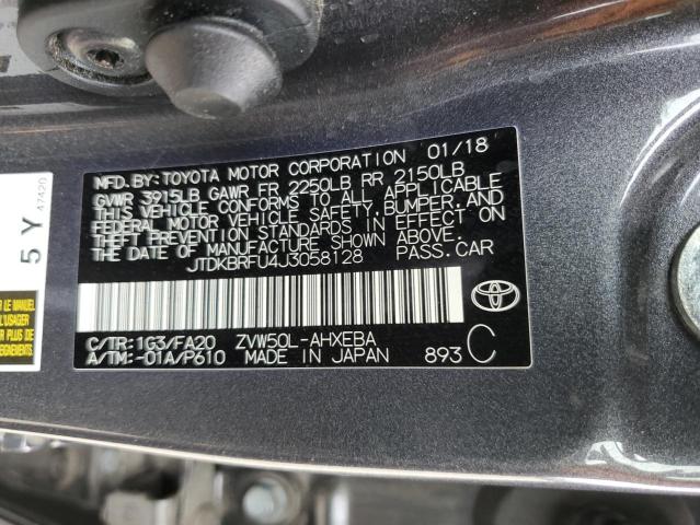 JTDKBRFU4J3058128 - 2018 TOYT PRIUS GRAY photo 13