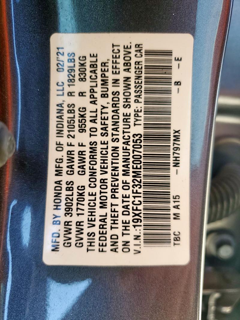 19XFC1F32ME007053 - 2021 HONDA CIVIC EX GRAY photo 12