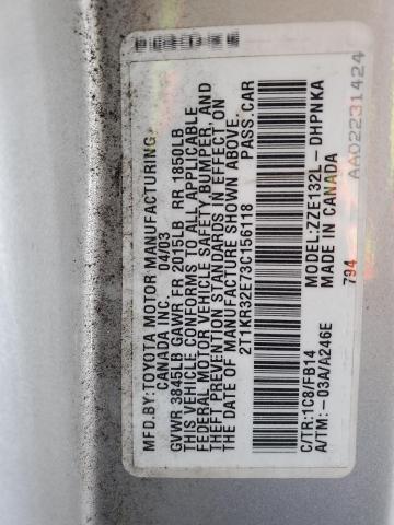 2T1KR32E73C156118 - 2003 TOYOTA COROLLA MA XR SILVER photo 12