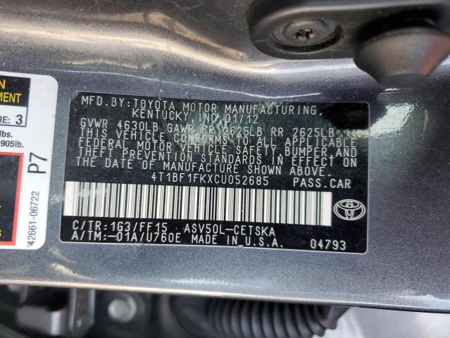 4T1BF1FKXCU052685 - 2012 TOYOTA CAMRY BASE GRAY photo 13