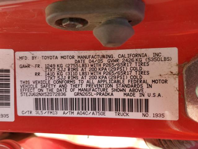 5TEJU62NX5Z072836 - 2005 TOYOTA TACOMA DOUBLE CAB PRERUNNER RED photo 12