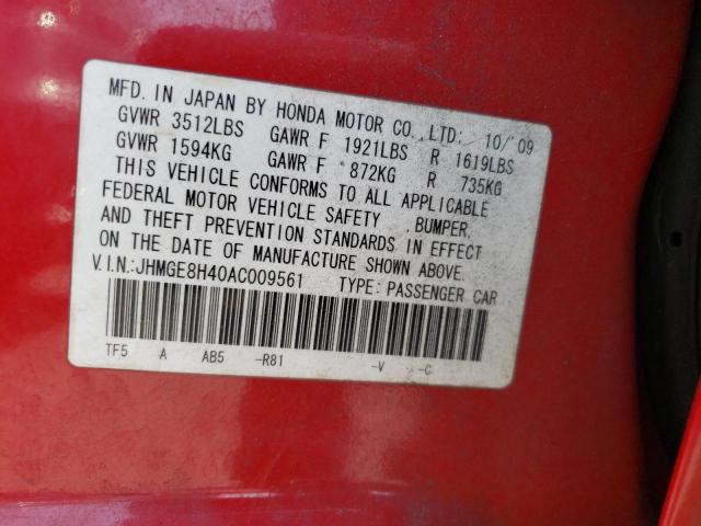 JHMGE8H40AC009561 - 2010 HONDA FIT SPORT RED photo 12