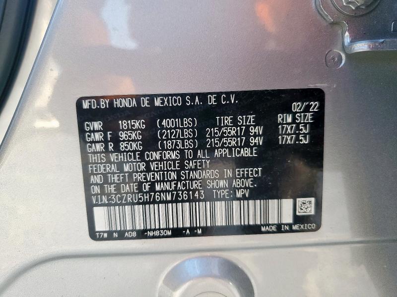 3CZRU5H76NM736143 - 2022 HONDA HR-V EXL SILVER photo 13
