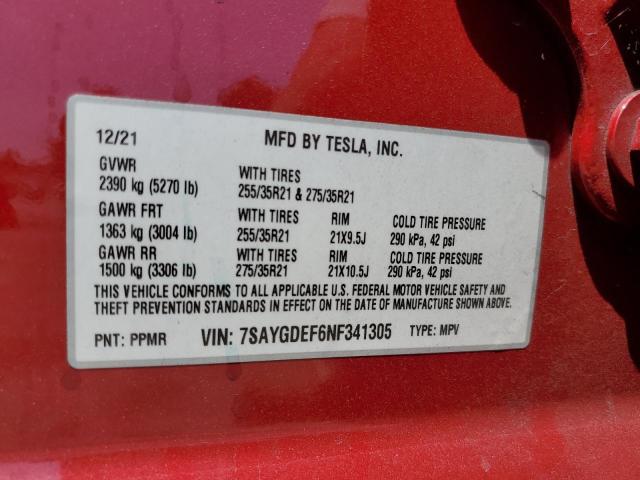 7SAYGDEF6NF341305 - 2022 TESLA MODEL Y RED photo 12