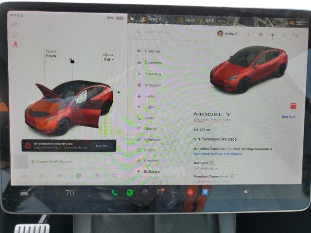 7SAYGDEF6NF341305 - 2022 TESLA MODEL Y RED photo 9