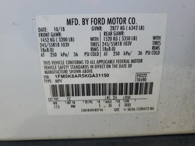 1FM5K8AR5KGA31150 - 2019 FORD EXPLORER POLICE INTERCEPTOR WHITE photo 12