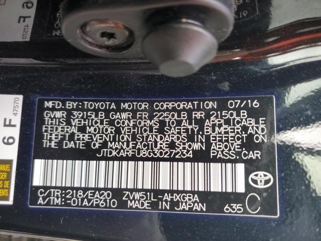 JTDKARFU8G3027234 - 2016 TOYOTA PRIUS BLACK photo 12