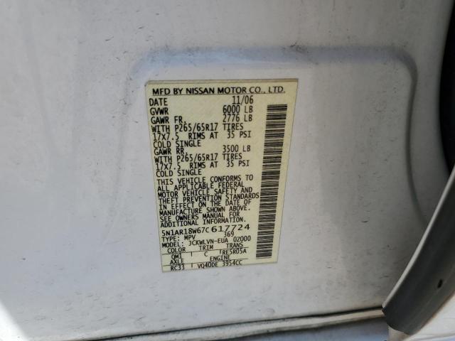 5N1AR18W67C617724 - 2007 NISSAN PATHFINDER LE WHITE photo 12