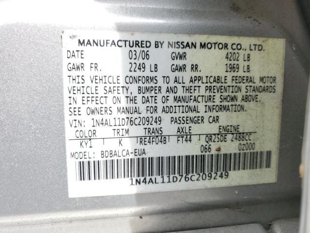 1N4AL11D76C209249 - 2006 NISSAN ALTIMA S SILVER photo 12