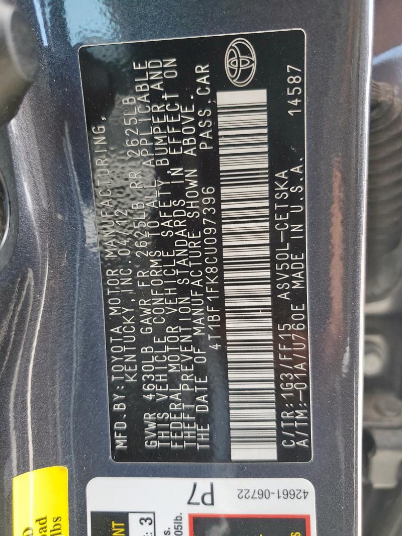 4T1BF1FK8CU097396 - 2012 TOYOTA CAMRY BASE رمادي صورة 12