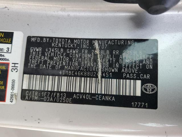 4T1BE46K88U246451 - 2008 TOYOTA CAMRY CE SILVER photo 12