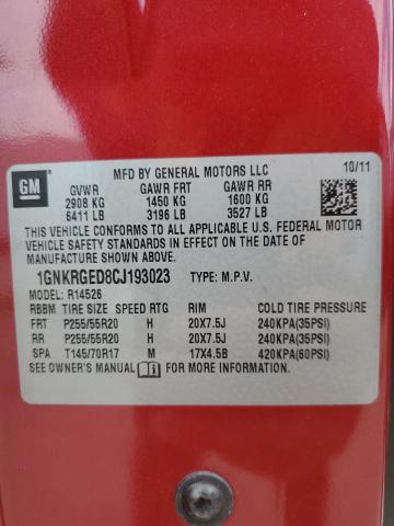 1GNKRGED8CJ193023 - 2012 CHEVROLET TRAVERSE LT Kırmızı fotoğraf 13