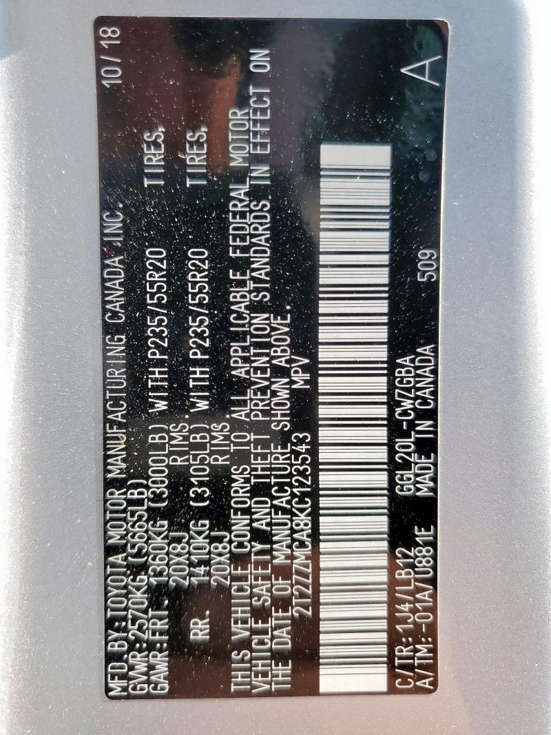 2T2ZZMCA8KC123543 - 2019 LEXUS RX 350 BASE ვერცხლისფერი ფოტო 13