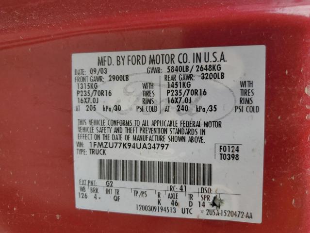 1FMZU77K94UA34797 - 2004 FORD EXPLORER S RED photo 13