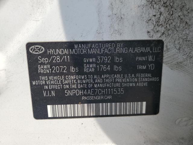 5NPDH4AE7CH111535 - 2012 HYUNDAI ELANTRA GLS WHITE photo 12