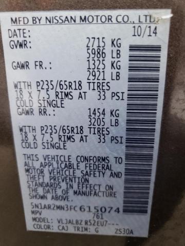 5N1AR2MN3FC615074 - 2015 NISSAN PATHFINDER S 灰色 照片 10