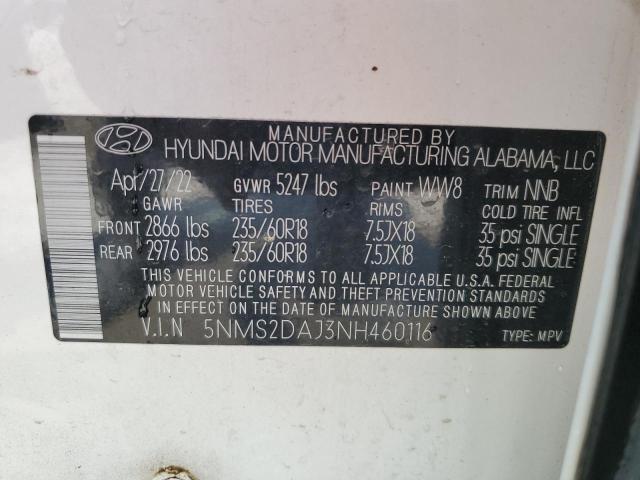 5NMS2DAJ3NH460116 - 2022 HYUNDAI SANTA FE SEL WHITE photo 12