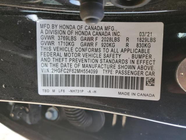 2HGFC2F62MH554099 - 2021 HONDA CIVIC LX BLACK photo 12