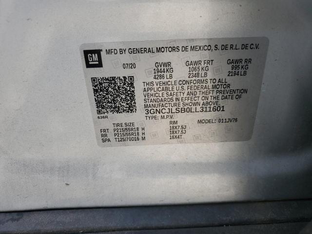 3GNCJLSB0LL311601 - 2020 CHEVROLET TRAX 1LT 银色 照片 13