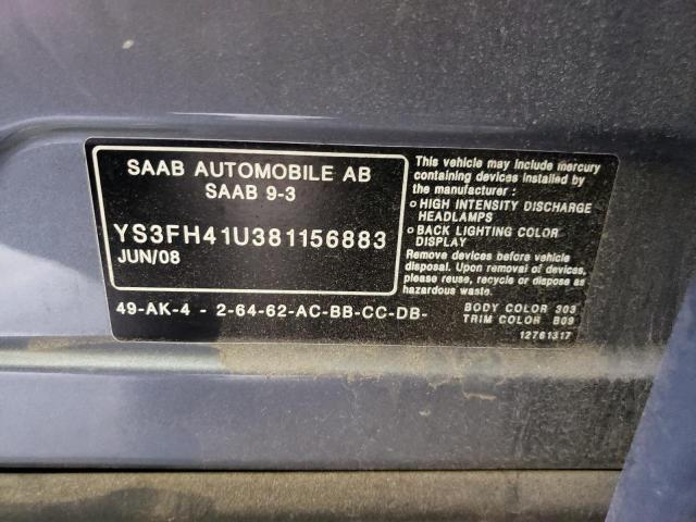 YS3FH41U381156883 - 2008 SAAB 9-3 AERO GRAY photo 12