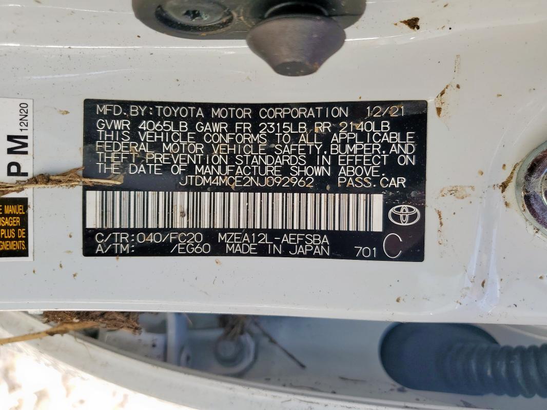 JTDM4MCE2NJ092962 - 2022 TOYOTA COROLLA SE WHITE photo 13