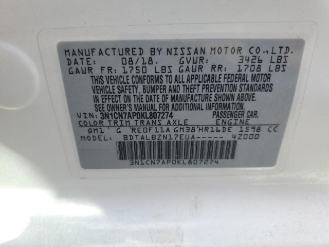 3N1CN7AP0KL807274 - 2019 NISSAN VERSA S 白色 照片 12