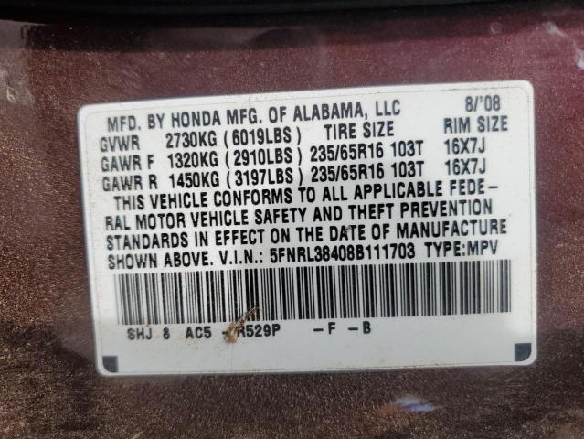 5FNRL38408B111703 - 2008 HONDA ODYSSEY EX MAROON photo 13